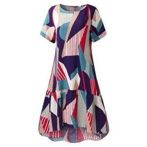 ZANZEA Bohemian Geometric Printed Short Sleeve Ruffle A Line Dress Women’s XXL